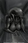 2018 2:3 alien alien_(franchise) big_breasts black_body black_lips black_skin black_tail bored breasts claws eyeless female hi_res humanoid lips monster nihilophant not_furry nude solo stuck tail text vent xenomorph xenophilia