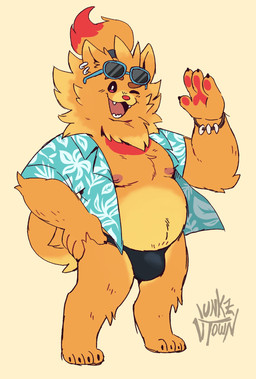 aloha_shirt anthro clothing digitigrade eyewear eyewear_on_head gesture male pattern_clothing pattern_shirt pattern_topwear shirt slightly_chubby solo speedo sunglasses sunglasses_on_head swimwear topwear waving waving_at_viewer wearing_sunglasses junkztown nintendo pokemon pokemon_winds_and_waves canid canine generation_10_pokemon mammal pokemon_(species) pombon 2026 hi_res