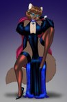 anthro arm_support arm_tuft armwear big_breasts black_clothing black_dress blue_eyes blue_eyeshadow bob_cut breasts brown_hair chair choker clothed clothing curvy_figure dress ear_piercing ear_ring elbow_gloves eyeshadow female footwear furniture gem gloves gradient_background hair handwear high_heels hoop_ear_ring hourglass_figure jewelry leaning_on_elbow legwear lipstick looking_at_viewer makeup necklace no_underwear on_chair one_leg_up piercing raised_leg red_lipstick ring_piercing shoes shoulder_tuft simple_background sitting sitting_on_chair slit_dress smile solo stockings tuft crovirus adrienne_(crovirus) gulonine mammal marten mustelid musteline pine_marten absurd_res hi_res