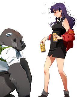 5_fingers alcohol backpack beer beverage beverage_can big_breasts black_body black_clothing black_dress black_ears black_eyebrows black_eyes black_footwear black_fur black_shoes black_text blush blush_lines breasts bubble clothed clothed_female clothed_feral clothed_human clothing collared_shirt dress dress_shirt drunk drunk_bubble duo eyebrows eyelashes female female_human feral fingernails fingers footwear fur green_backpack hair half-closed_eyes holding_beer jacket long_hair looking_at_another looking_away looking_down looking_down_at_another male male_feral messy_hair multicolored_clothing multicolored_topwear nails narrowed_eyes nervous open_clothing open_jacket open_topwear orange_clothing orange_eyes orange_jacket orange_topwear pupils purple_hair red_clothing red_jacket red_text red_topwear shirt shoes side_view simple_background smile substance_intoxication text topwear two_tone_clothing two_tone_jacket two_tone_topwear white_background white_clothing white_shirt white_topwear khyleri neon_genesis_evangelion sapporo yebisu_(beer) misato_katsuragi ape gorilla haplorhine human mammal primate 2025 4:5 absurd_res english_text hi_res japanese_text