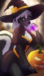 anthro brown_eyes female food fruit fur hair holidays jack-o'-lantern kneeling magic_user multicolored_body multicolored_fur plant pumpkin solo white_hair witch witch_costume deanwolfwood halloween mammal mephitid skunk absurd_res hi_res