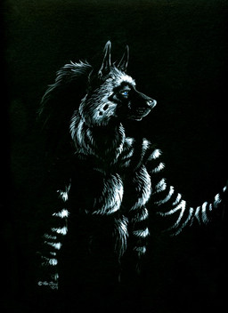 anthro dark male night nude solo heather_bruton hyena mammal striped_hyena 2009 monochrome