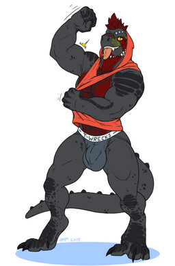 abs anthro biceps big_muscles bulge clothed clothing exercise fangs flexing green_body green_skin grey_body grey_skin hair hoodie horn jockstrap looking_at_viewer male markings muscular muscular_anthro muscular_male pecs pose red_body red_hair red_skin scales scar simple_background solo spots standing teeth tongue tongue_out topwear triceps underwear white_background workout yellow_eyes kenjin microsoft the_elder_scrolls tagg argonian dinosaur prehistoric_species reptile saurischian scalie theropod tyrannosaurid tyrannosauroid tyrannosaurus tyrannosaurus_rex absurd_res hi_res pinup