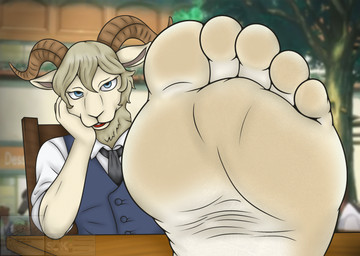 5_toes accessory anthro barefoot black_necktie blue_clothing blue_eyes blue_topwear brown_horn chair clothing collared_shirt dress_shirt feet foot_fetish foot_focus foot_on_table fur furniture hair horn humanoid_feet male necktie plantigrade school_uniform shirt sitting soles solo table toes topwear uniform white_body white_clothing white_fur white_hair white_topwear wrinkled_feet wrinkles coyocislav skonczonyidiota beastars pina_(beastars) bovid caprine dall_sheep mammal sheep hi_res