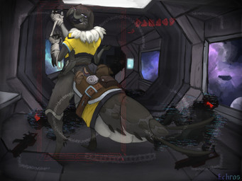 female group military soldier solo_focus space spacecraft vehicle warrior echros background_character alien arthropod insect 4:3 hi_res
