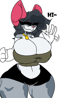 4_fingers anthro big_breasts black_hair bottomwear breasts clothing collar female fingers grey_body hair huge_breasts mature_female shorts solo wannapossums mammal murid murine rat rodent 3:4
