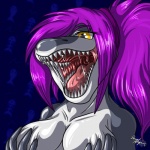 amber_eyes anthro bodily_fluids breasts drooling fangs female gaping_mouth hair hand_on_breast mouth_shot non-mammal_breasts open_mouth palate pink_hair saliva solo teeth throat tongue uvula rena_ayama veshra fish marine shark 1:1