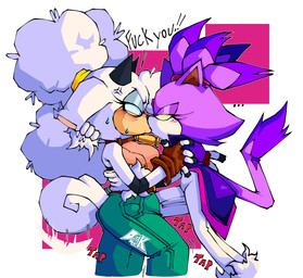 angry anthro belt blush bodily_fluids bottomwear clothing coat dialogue duo female female/female fingerless_gloves forehead_gem gem glare gloves hair handwear horn kissing long_ears pants ponytail shirt sweat tail topwear derekunleashed idw_publishing sega sonic_the_hedgehog_(comics) sonic_the_hedgehog_(idw) sonic_the_hedgehog_(series) blaze_the_cat lanolin_the_sheep_(sonic) bovid caprine domestic_cat felid feline felis mammal sheep hi_res signature