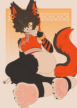 anthro armwear asian_clothing butt claws clothed clothing ear_piercing feet femboy foot_focus hair hair_over_eye legwear looking_at_viewer male pawpads paws piercing smile solo stirrup_legwear toes krayboost arknights hypergryph studio_montagne aak_(arknights) domestic_cat felid feline felis mammal absurd_res hi_res