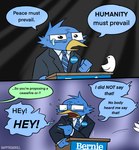 2_panel_comic anthro avian bernie_sanders bird blue_body blue_feathers bodily_fluids cheek_tuft clothing dialogue dot_eyes english_text facial_tuft feathers half-closed_eyes happyroadkill hi_res humor male narrowed_eyes necktie open_mouth politics solo speech_bubble suit tears teary_eyes text tuft uncanny_resemblance