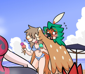 anthro beach breasts brown_body brown_feathers clothing covering covering_eyes covering_face dessert duo_focus feathers female female_human female_on_anthro food green_body green_feathers group hand_on_face human_on_anthro ice_cream interspecies male male/female male_anthro male_on_human outside sand sea side_boob standing swimwear tan_body tan_feathers trio two-piece_swimsuit water winged_arms wings kangwolf nintendo pokemon avian decidueye generation_7_pokemon human mammal pokemon_(species) 2023 colored hi_res