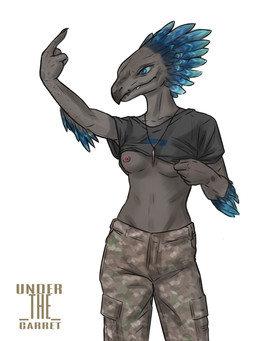3_fingers anthro arm_feathers arm_tuft beak blue_body blue_eyes blue_feathers bottomwear breasts camo camo_clothing camo_print clothed clothing clothing_lift elbow_feathers elbow_tuft feather_hair feathered_crest feathers female fingers gesture grey_body hand_gesture head_crest jewelry middle_finger midriff navel necklace nipples non-mammal_breasts pants pattern_clothing pendant pseudo_hair shirt shirt_lift small_breasts smile smirk solo standing topwear tuft under_the_garret halo_(series) microsoft xbox_game_studios fan_character k'ryn_hy_t'zek alien avian kig-yar scalie t'vaoan 3:4 colored hi_res