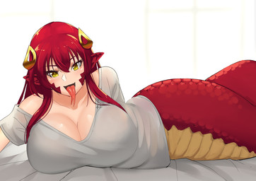 accessory apode bed big_breasts blush breasts cleavage clothed clothing collarbone eyebrow_through_hair eyebrows female forked_tongue furniture grey_clothing grey_shirt grey_topwear hair hair_accessory huge_breasts humanoid_pointy_ears legless long_hair long_tongue looking_at_viewer lying monster_girl_(genre) on_bed on_side open_mouth pointy_ears pupils red_hair scales serpentine shirt simple_background slit_pupils solo split_form tongue tongue_out topwear translucent translucent_hair yellow_eyes stormcow monster_musume miia_(monster_musume) draconcopode lamia reptile scalie snake