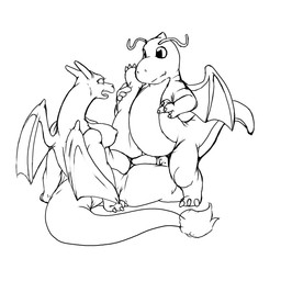 anthro breasts duo female fire genitals imminent_sex male male/female nipples open_mouth penis tail wings kitsune_youkai nintendo pokemon charizard draconite generation_1_pokemon pokemon_(species) 1:1 2022 hi_res monochrome