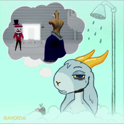 2_horns abs anthro bathing dancing eyelashes female for_a_head fur grey_body grey_fur horn humor imagining male music shitpost shower text thought_bubble what zue glitch_productions the_amazing_digital_circus caine_(tadc) kinger_(tadc) la_rata_(zue) zueru_(zue) bovid caprine goat living_chess_piece mammal murid murine object_head rat rodent tooth_creature 1:1 2026 animated artist_name digital_drawing_(artwork) digital_media_(artwork) meme short_playtime sound spanish_audio video
