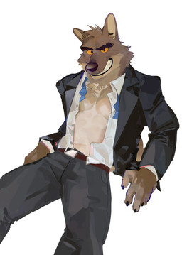 abs anthro belt bottomwear claws clothed clothing eyebrows fur jacket looking_at_viewer male male_anthro muscular muscular_anthro muscular_male navel necktie open_clothing open_jacket open_shirt open_topwear pants pecs shirt simple_background sitting smile solo suit teeth topwear tuft white_background seatohao dreamworks the_bad_guys mr._wolf_(the_bad_guys) canid canine canis mammal wolf 2022 absurd_res hi_res