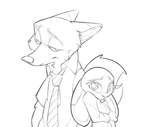 accessory anthro clothing collared_shirt dress_shirt duo ears_down female looking_at_viewer looking_down male male/female necktie pivoted_ears sad shirt tail topwear bl394 disney zootopia judy_hopps nick_wilde canid canine european_rabbit fox lagomorph leporid mammal oryctolagus rabbit red_fox true_fox hi_res sketch