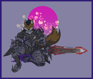anthro armor armored_body armored_boots blue_border border clothing gauntlets gloves greatsword handwear kneeling knight_armor male melee_weapon pose solo sword tail warrior weapon zana6_(artist) final_fantasy final_fantasy_xiv square_enix dark_knight_(final_fantasy) jack_(alphaleader) canid canine canis mammal wolf absurd_res hi_res