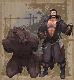 abs angry anthro barefoot bdsm beard body_hair bondage bound chain chained chest_hair clothing coat cuff_(restraint) dominant dominant_human dominant_male duo facial_hair fangs feet fur grin hair hairy hands_behind_back long_hair male muscular muscular_male muscular_sub nude paddle prisoner restrained restraints shackles smile submissive submissive_male teeth topwear trenchcoat pockyrumz mythology canid canine canis human mammal mythological_canine mythological_creature werecanid werecanine werecreature werewolf wolf