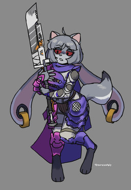 anthro armor ear_piercing ear_ring female floppy_ears fur gauged_ear glaive gold_(metal) gold_ear_ring grey_body grey_fur grey_hair hair lop_ears melee_weapon piercing pink_armor polearm purple_armor red_sclera ring_piercing solo standing weapon murninatair bungie destiny_(series) destiny_2 jund_(smugjund) canid canine canis hybrid lagomorph leporid mammal rabbit wolf hi_res