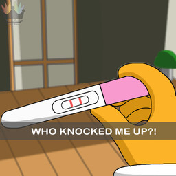 5_fingers ambiguous_gender armwear clothing detailed_background disembodied_hand fingers holding_object holding_pregnancy_test mascot pregnancy_test solo text white_armwear white_clothing yellow_body maximillianlad e621 snapchat who_knocked_over_my_onions esix ambiguous_species 1:1 2026 absurd_res english_text hi_res meme