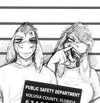 anthro black_eye_(injury) breasts bruised duo female hair jail_placard long_ears male mugshot open_mouth placard sign text tongue tongue_out hladilnik donk_(hladilnik) donk_sis_(hladilnik) asinus donkey equid equine mammal black_and_white english_text hi_res monochrome brother_(lore) brother_and_sister_(lore) sibling_(lore) sister_(lore)