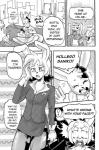 anthro breasts burger canid canine canis cleavage clothed clothing comic daigaijin dialogue domestic_dog electronics english_text exclamation_point female fish food furryfight_chronicles harry_fishkopp hi_res lagomorph leporid mammal marine mellow_(furryfight_chronicles) monochrome muko open_mouth phone poodle rabbit saniko text