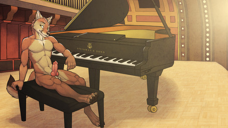anthro athletic athletic_male balls biped erection genitals grand_piano keyboard_instrument knot male musical_instrument nude penis piano pose public public_erection sitting solo stage tsaiwolf steinway_&_sons chudlight canid canine canis coyote hybrid mammal wolf 16:9 hi_res pinup wallpaper widescreen