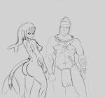 big_butt bottomwear breasts butt chunwukong clothed clothing duo female half_naked hi_res loincloth male male/female marine merfolk monochrome muscular muscular_male nipples nude split_form topless unknown_species