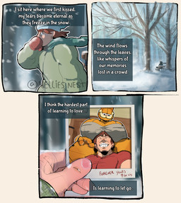 anthro beanie bench big_breasts bodily_fluids bra breasts brown_hair clothing crossgender female first_person_view fur gloves green_clothing green_jacket green_scarf green_topwear grey_bra grey_clothing grey_underwear grin hair half-closed_eyes handwear hat headgear headwear heart_symbol holding_photo huge_breasts human_pov jacket looking_at_another looking_at_object looking_at_photo male mtf_crossgender narrowed_eyes orange_body orange_fur outside pink_nose plant red_clothing red_gloves red_handwear scarf smile snow solo standing tears tears_of_sadness text topwear tree underwear nellies_nest garfield_(series) garfield_the_cat domestic_cat felid feline felis human mammal absurd_res comic english_text hi_res