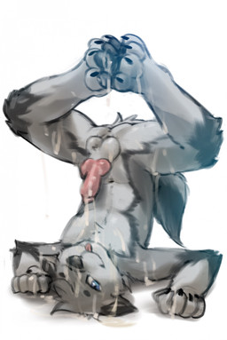 after_orgasm animal_genitalia anthro balls blue_eyes bodily_fluids cum erection eyes_closed genital_fluids genitals grey_body knot male multicolored_body nude pawpads paws sheath simple_background smile smiling_at_viewer solo upside_down white_background stampmats canid canine canis humanoid mammal wolf hi_res