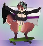 absurd_res anthro black_body black_fur black_nose bottomwear bra clothing collar colored_nails crouching demisexual_pride_colors ear_piercing female flag fur green_eyes green_hair hair hi_res holding_flag holding_object hoodie hyena leg_tuft lgbt_pride longboard looking_at_viewer mammal maplepudding markings nails piercing pride_color_flag pride_colors reyva shorts solo spots spotted_body spotted_fur tail topwear tuft underwear