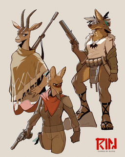 anthro bottomwear clothed clothing female footwear group gun handgun horn loincloth m79 poncho ranged_weapon revolver rifle sandals shoes trio weapon radarwarble laika_aged_through_blood rin_cursed_by_blood pebble_(laika_aged_through_blood) rin_(rin_cursed_by_blood) seethree antelope bovid canid canine canis coyote gazelle mammal wolf hi_res