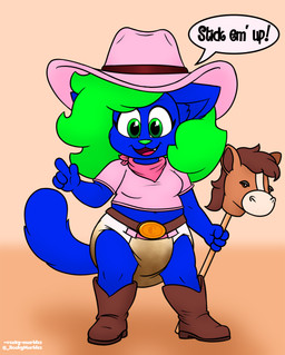 anthro belt blue_body clothing cowgirl_boots cowgirl_hat cowgirl_outfit diaper eyelashes feces female finger_gun fluffy fluffy_hair fluffy_tail gesture green_eyes green_hair hair hand_gesture hobby_horse kerchief looking_at_viewer one_tooth pointing sagging_diaper shirt soiled_diaper solo speech_bubble stained_diaper standing t-shirt tail topwear unclean_diaper used_diaper rocky-marbles callie_marbles domestic_cat felid feline felis mammal hi_res