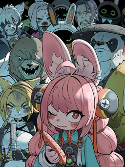 accessory ahoge anthro apron bared_teeth biped blonde_hair blue_clothing blue_topwear blush breasts brown_body brown_fur brown_highlights carrot chest_tuft choker cleavage closed_smile clothed clothed_anthro clothed_female clothed_male clothing constricted_pupils crop_top dim_lighting ear_piercing ear_ring eye_scar eyewear facial_markings facial_scar female food forehead_markings front_view frown fully_clothed fully_clothed_anthro fully_clothed_female fully_clothed_male fur fur_tuft glasses green_eyes group gun hair hair_accessory half-closed_eyes halter handgun hat head_markings headgear headwear highlights_(coloring) holding_food holding_gun holding_object holding_ranged_weapon holding_weapon inner_ear_fluff jacket jewelry looking_at_viewer machine male markings medium_breasts mouth_closed muscular muscular_anthro muscular_male narrowed_eyes necklace one_eye_obstructed open_mouth open_smile piercing pince-nez pink_body pink_fur pink_hair plant pupils purple_hair rabbit_ears ranged_weapon red_eyes revolver ring_piercing scar scarf sharp_teeth shirt slim slim_anthro slim_female small_pupils smile snarling teeth tied_hair topwear tuft vegetable vest weapon white_body white_fur white_hair wide_eyed yellow_body yellow_clothing yellow_eyes yellow_fur yellow_topwear peppergecko72 image_comics invincible_(image_comics) mihoyo thragg_and_viltrumites_panel zenless_zone_zero ben_bigger cairn_(zenless_zone_zero) damian_blackwood pan_yinhu pulchra_fellini von_lycaon zhao_(zenless_zone_zero) bangboo bear brown_bear canid canine canis domestic_cat domestic_dog felid feline felis giant_panda human lagomorph leporid mammal rabbit robot thiren ursine wolf 2026 absurd_res colored digital_drawing_(artwork) digital_media_(artwork) draw_over hi_res meme redraw shaded soft_shading