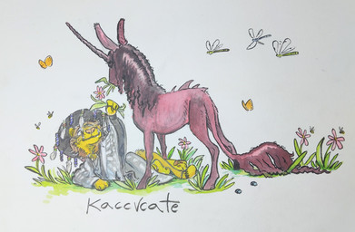 anthro clothed clothing duo feeding female feral flower fur grass hair horn male male/female plant red_panther religion satanic satanism simple_background smile kaccvcate mythology amdusias cougar demon equid equine felid feline horse mammal mythological_creature mythological_equine unicorn colored hi_res painting_(artwork) traditional_media_(artwork) watercolor_(artwork)
