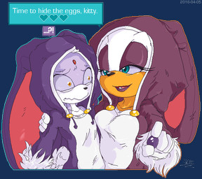 anthro clothed clothing costume dialogue duo ellipsis female fur holidays interrobang smile speech_bubble text s-dash easter sega sonic_the_hedgehog_(series) blaze_the_cat rouge_the_bat bat domestic_cat felid feline felis mammal 2016 alpha_channel english_text