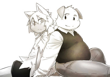 anthro bottomwear clothing duo hand_holding kemono male pants shirt simple_background sitting slightly_chubby topwear white_background chiro_(artist) canid canine canis domestic_dog mammal 2015