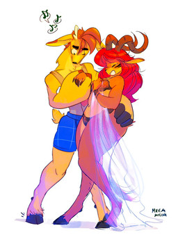 anthro big_butt big_hands bodily_fluids breasts brown_hair butt clothing crying_laughing dancing duo eyes_closed female fingers fur hair hand_holding hand_on_butt hooved_fingers hooves horn laugh long_hair long_neck male navel orange_body orange_fur red_hair small_breasts smile stripes tail tears underwear yellow_body yellow_fur maxi_molina the_hayseed_knight ader_(the_hayseed_knight) sep_(the_hayseed_knight) antelope bovid deer gazelle mammal hi_res