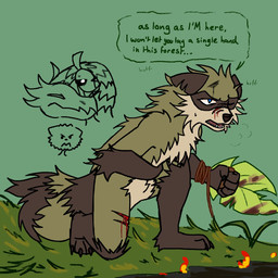 anthro black_nose blood blue_eyes bodily_fluids breath brown_body brown_fur bruised claws dialogue female fight fur grass green_body green_fur hand_on_belly holding_belly holding_stomach kneeling leaf markings nude one_eye_closed open_mouth panting paws plant simple_background solo speech_bubble striped_markings striped_tail stripes sweat tail tail_markings tan_body tan_fur text tuft weapon wounded watamelyn rivals_of_aether lily_(rivals_of_aether) maypul poppy_(rivals_of_aether) terry_(rivals_of_aether) mammal procyonid raccoon 1:1 2025 digital_media_(artwork) english_text hi_res