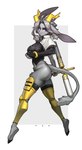 5_fingers anthro antlers breasts butt butt_pose clothed clothed_anthro clothed_female clothing cloven_hooves feet female fingers floppy_ears fur grey_body grey_fur grey_hair grey_tail hair holding_object holding_weapon hooved_plantigrade hooved_toes hooves horn long_ears looking_aside lop_ears navel pantsless plantigrade pose purple_eyes side_view simple_background soles solo standing tail topwear weapon white_background yellow_horn pgm300 pseudoregalia sybil_(pseudoregalia) hybrid jackalope lagomorph mammal 2024 absurd_res hi_res