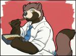 anthro biped chopsticks clothed clothing eating fluffy fluffy_tail food furniture looking_at_viewer male necktie rice shirt sitting slightly_chubby solo table tail topwear nogitsunegabriel housepets! itsuki_(housepets!) canid canine mammal raccoon_dog tanuki 4:3 digital_media_(artwork) signature