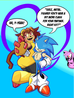 4_fingers anthro blue_body brown_body brown_hair butt clothing dialogue duo_focus eyebrows eyewear eyewear_on_head female fingers footwear gloves goggles goggles_on_head green_eyes group hair handwear magenta_eyes male shoes text trio whiskers mrstressor gameoverse glitch_productions sega sonic_the_hedgehog_(series) amy_rose kit_bodega sonic_the_hedgehog domestic_cat eulipotyphlan felid feline felis hedgehog mammal 2026 3:4 english_text hi_res