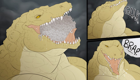 anthro bodily_fluids burping macro male male_pred mass_vore multiple_prey open_mouth pupils saliva size_difference slit_pupils solo swallowing teeth teeth_showing vore dalbie tarvash crocodile crocodilian reptile scalie comic