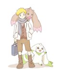 anthro blonde_hair blue_eyes brown_body brown_fur candy dessert food fur group hair lollipop male scarf trio white_body white_fur gdn0522 bandai_namco digimon willis_(digimon) digimon_(species) human lopmon mammal terriermon 5:6 hi_res