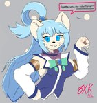 accessory anthro blue_eyes blue_hair clothing female hair hair_accessory humor simple_background solo text conejitosempai konosuba:_god's_blessing_on_this_wonderful_world! aqua_(konosuba) mammal mouse murid murine rodent hi_res spanish_text translated