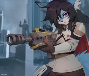 anthro biped bottomwear clothed clothed_anthro clothed_male clothing fingers front_view fully_clothed fully_clothed_anthro fully_clothed_male fur gun hair holding_gun holding_object holding_ranged_weapon holding_weapon looking_at_viewer male ranged_weapon solo standing tail topwear weapon amarihel helldivers ashley_(ashleyboi) canid canine fox mammal 2025 digital_drawing_(artwork) digital_media_(artwork) hi_res