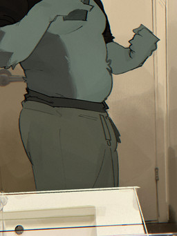anthro biped black_body black_fur bottomwear clothed clothing detailed_background door electronics fingers fist fur grey_body grey_fur holding_object holding_phone male multicolored_body multicolored_fur phone sink slightly_chubby solo standing taking_picture topless goonie-san goon_(goonie_san) canid canine canis domestic_dog mammal