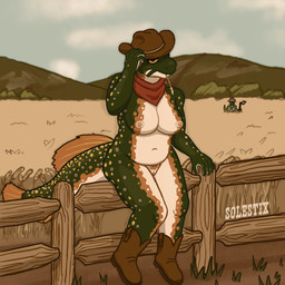 anthro belly big_breasts boots breasts butt clothing cowboy_hat duo exhibitionism female footwear genitals hat headgear headwear navel nipples non-mammal_breasts non-mammal_navel non-mammal_nipples outside overweight overweight_anthro overweight_female scales shoes sitting slightly_chubby solo_focus tail voyeur vulva wild_west solestix aquatic fish scalie trout 1:1 absurd_res hi_res trans_(lore)