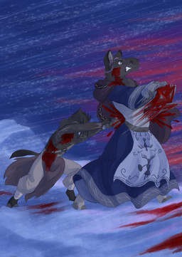 anthro biped blood bodily_fluids brown_body brown_fur brown_tail clenched_teeth clothed clothing duo female fight fur gore impalement melee_weapon motion_lines night outside scar shocked sky snow snowing stab sword tail teeth weapon wounded bjekkergauken herja_(bjekkergauken) hjordis deer mammal moose new_world_deer suid suine sus_(pig) wild_boar 2025 colored comic hi_res